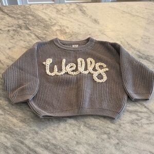 “Wells” Gray Knit Sweater with Cream Script Detail